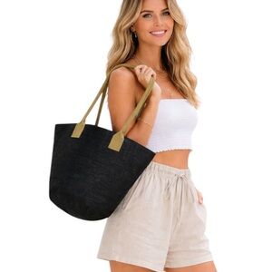 Buckhead Betties Jute Tote Shoulder Bucket Bag Black with Khaki NWT
